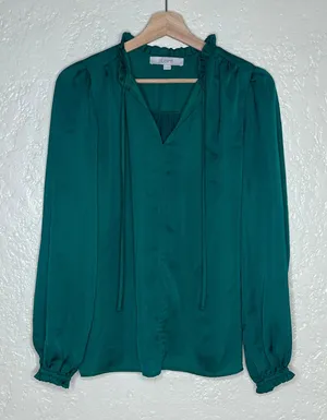 Loft Green Puff Sleeve Tie Neck Cotton Modal Blouse Womens‎ Medium thumbnail 1