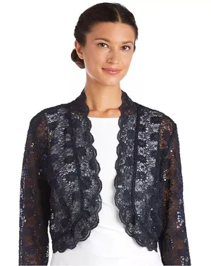 R & M Richards Scalloped Sequin Lace Black Bolero thumbnail 1