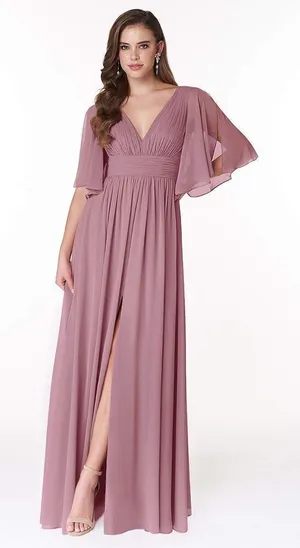 Azazie Temeka Vintage Mauve A-Line Ruched Chiffon Dress thumbnail 1