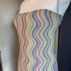 Zara Strapless Mesh Maxi‎ Dress Large Wavy Print Pastel Festival Boho NWT thumbnail 10