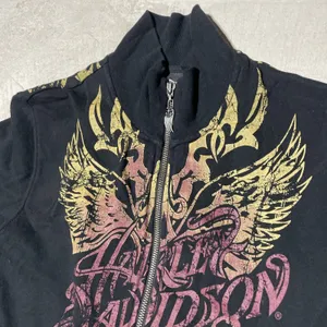 Y2K Harley Davidson Women's SZ L Sweatshirt Black Collar Applique Zip AOP thumbnail 3