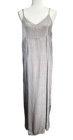 Vintage Krista Larson Silver Slip Maxi Dress Crinkle Silk Satin Lagenlook thumbnail 1