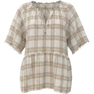 Pilcro and the Letterpress Anthropologie Plaid Peplum Blouse Tan White Fringe Short Sleeve XL Boho thumbnail 1