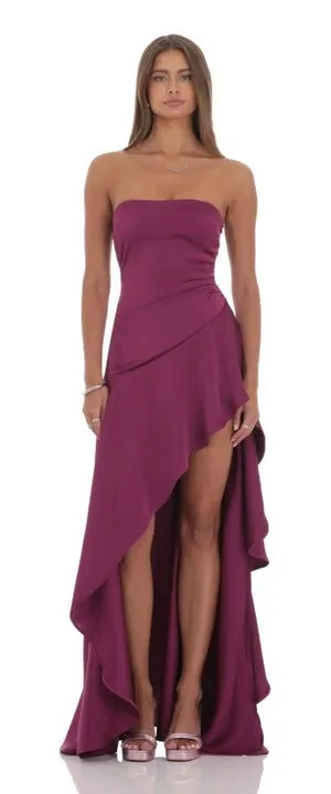 Lucy In The Sky Satin High Low Maxi Dress Womens Medium Purple Strapless Gown thumbnail 1