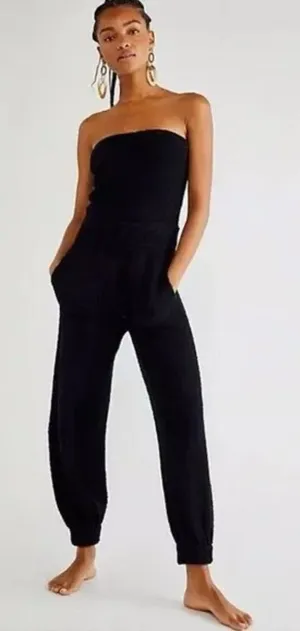 Free people navy blue terry cloth jumpsuit strapless nwot Xs thumbnail 1