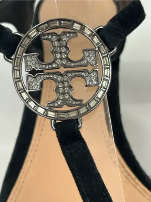Tory Burch Black Suede Crystal Logo T-Strap Block Heel Sandals Size 9.5 thumbnail 2