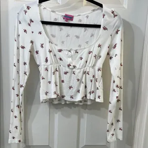 Edikted Floral Babydoll Long Sleeve Top Coquette Ribbed Bow Detail Size Medium thumbnail 6