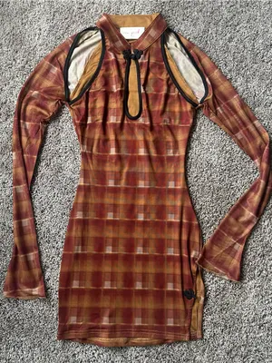 Dolls Kill Long-Sleeve Plaid Bodycon Dress in Rust & Gold Tones thumbnail 1