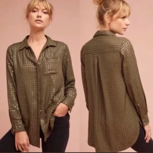 Anthropologie Maeve Olive Green Button Down Sequin Shirt Size XS thumbnail 2