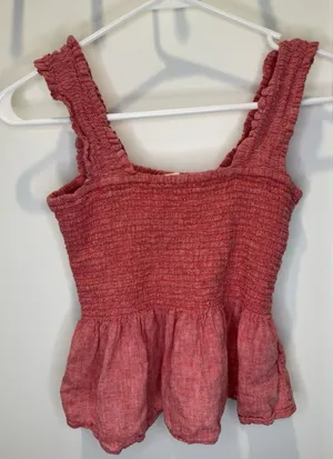 Anthropologie Maeve Schuyler Smocked Peplum Linen Bland Blouse XS Heather Red thumbnail 1
