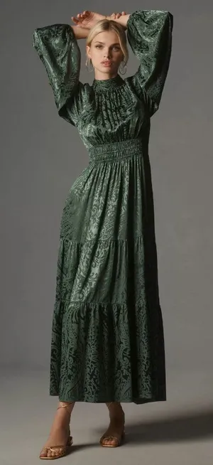 NWT by Anthropologie The Somerset Maxi in Green Mock-Neck Edition Dress M thumbnail 1