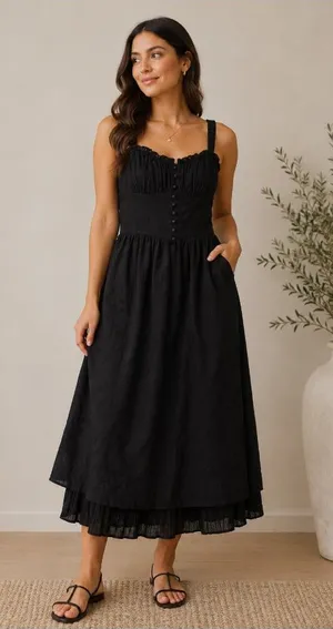 Commense Dress Womens Medium Black Sweetheart Button Midi Sundress Strappy thumbnail 1