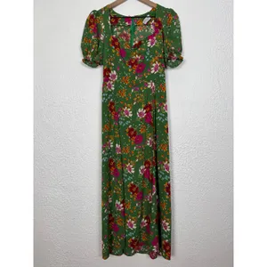 Dress Forum Green Floral Puff Sleeve Midi Dress Sweetheart Slit Size Medium thumbnail 2