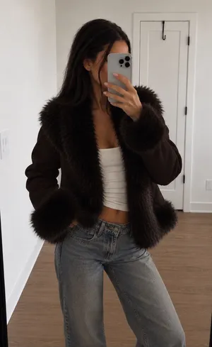 Princess Polly Josefina Faux Fur Detail Jacket in Chocolate thumbnail 1