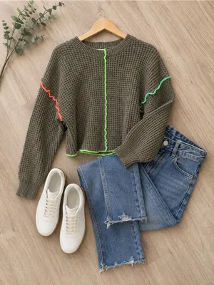 New IN Women’s Waffle Knit Sweater Medium Brown Neon Contrast Stitch thumbnail 5