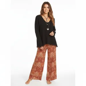 Free People Fringed V-Neck Solid Knit Sweater Black Boho Raw Edge Size S thumbnail 2