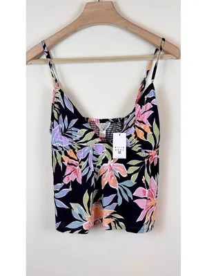 Billabong Carefree Cami Large Black Tropical Floral V Neck Smocked Crop Top NWT thumbnail 2