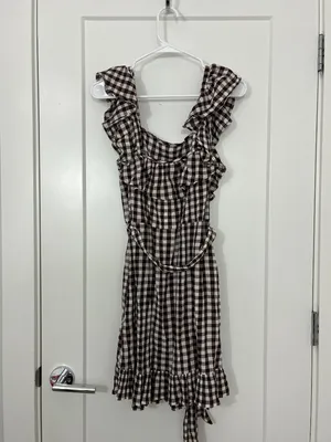 New Topshop Size 10 Brown Gingham Ruffle Sleeve Sash Dress NWT thumbnail 5