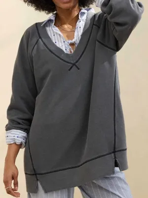 Aerie Downtime V-Neck Sweatshirt | Smoke Grey | Size Large thumbnail 1