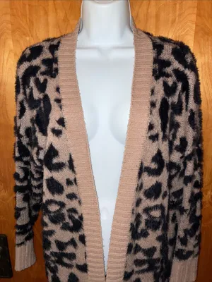 debut Tan and Black Fuzzy Leopard Print Long Open Front Cardigan - Size S thumbnail 2