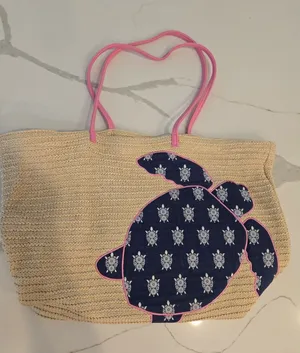 Vera Bradley Straw Tote Bag Sea Turtle Beach Shoulder Bag Pink Navy Large thumbnail 1