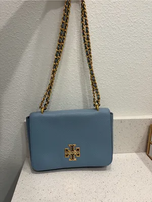 Tory Burch Britten Pebbled Leather Convertible Shoulder Bag Blue Purse EUC thumbnail 8
