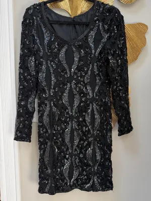 Vintage silk long sleeve black fully beaded dress gown cocktail party elegant thumbnail 1