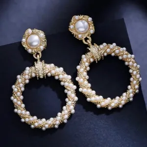 White Pearl Drop Dangle Hoop Earrings for Women thumbnail 1