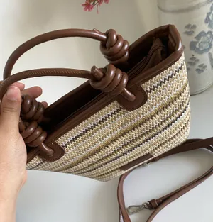 Women’s stylish beige brown handwoven Straw Fabric Tote crossbody shoulder Bag thumbnail 6