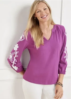 Talbots Purple Embroidered Floral Split Neck Tee •Medium thumbnail 1