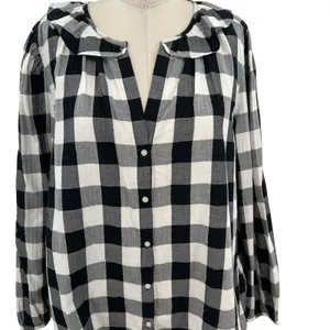 J. Crew Open Ruffle V-neck Button-up Shirt Gingham Plaid Check Black White‎ XL thumbnail 3