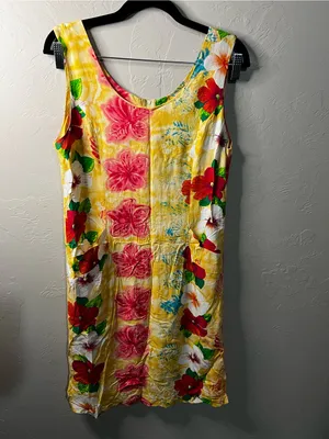 Jams World Vintage Rayon Yellow Hibiscus Tropical Floral Mini Dress thumbnail 2