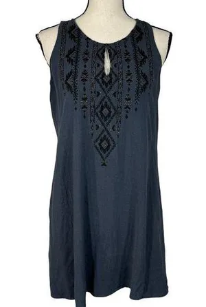 Miss Me Small Mini Dress Sleeveless Embroidered Keyhole Neck Lined Stretch Blue thumbnail 1