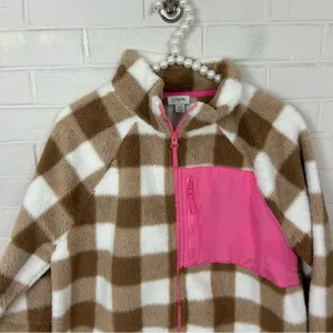 J.Crew Tan & White Check Plaid Fleece Zip Up Jacket Size M thumbnail 5
