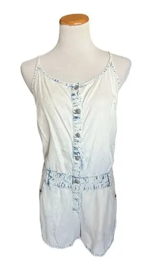 Womens Celebrity Pink Acid Wash Denim Jean Criss Cross Back Sleeveless Romper M thumbnail 1