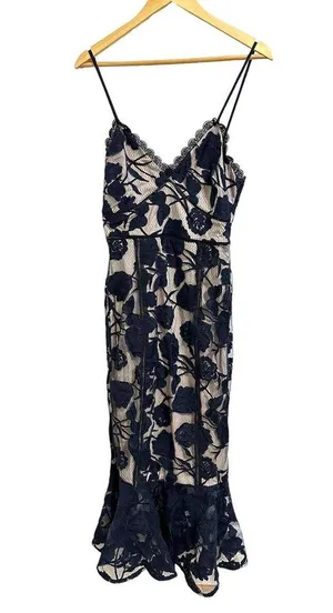 Lulu’s Alluring Dream Floral Mesh Lace Trumpet Midi navy Dress size Small NEW thumbnail 2