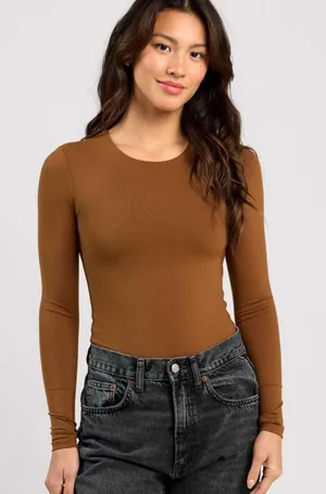 Nuuds Long Sleeve Crewneck Bodysuit Size Small in Chocolate thumbnail 1