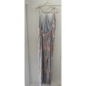 Adrianna Papell Pleated Foil Dress‎ Size 12 Blue Slate Multi Full Length Maxi thumbnail 3