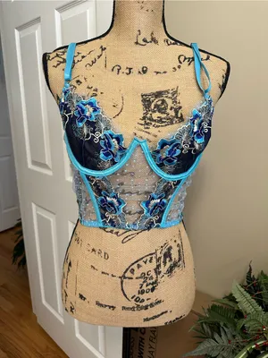 Floral Embroidered Lingerie Set – Teal & Black | Size M thumbnail 3