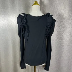Anthropologie Black Ruffle V-Neck Puff Sleeve Knit Top Small Boho Romantic thumbnail 5
