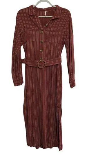 Free People Burgundy Pinstripe Belted Midi Shirt Dress Maroon‎ Academia Boho thumbnail 1