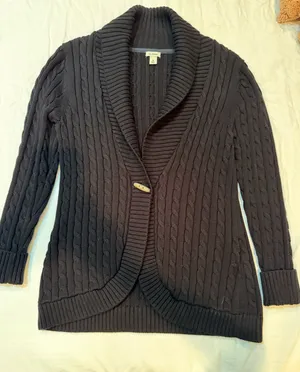 L.L.Bean Women’s Medium Cable Knit Shawl Collar Toggle Cardigan Sweater 100% Cotton Brown thumbnail 1