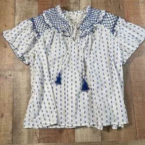 Pilcro Anthropologie Large Blue White Smocked Yoke Tassel Cotton Peasant Blouse thumbnail 1