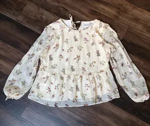 Whimsical LOFT Womens small Cream Floral Peplum Blouse - Lightweight Long Sleeve thumbnail 1