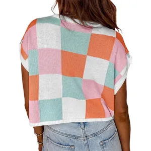 Womens Checkerboard Knit Sweater Vest Cropped Boxy Crew Neck Top Disco Festival thumbnail 3