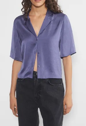 Wilfred Aritzia Beso Satin Shirt Nightshade Blue Short Sleeve Button Down M thumbnail 1