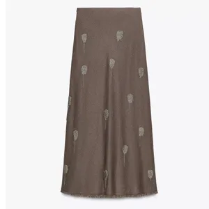 Zara NWT taupe gray cotton & linen embellished print maxi skirt thumbnail 4