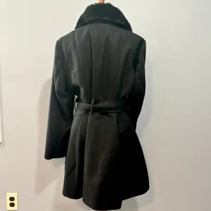 Faux Fur Collar Black Trench Coat Coquette Dark Academia Old Money Wool Blend XL thumbnail 7