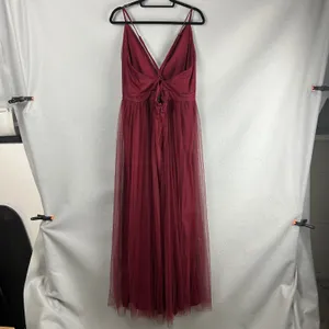 Lulus Burgundy Tulle Maxi Gown 2X Deep V Spaghetti Strap Front Slit Bridesmaid thumbnail 2