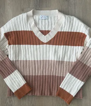 Poof Apparel Striped V-Neck Sweater in Cream, Rust & Taupe thumbnail 1